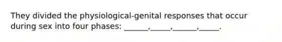 They divided the physiological-genital responses that occur during sex into four phases: ______,_____,______,_____.