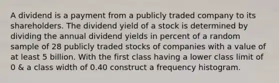 A dividend is a payment from a publicly traded company to its shareholders. The dividend yield of a stock is determined by dividing the annual dividend yields in percent of a random sample of 28 publicly traded stocks of companies with a value of at least 5 billion. With the first class having a lower class limit of 0 & a class width of 0.40 construct a frequency histogram.