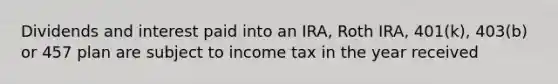 Dividends and interest paid into an IRA, Roth IRA, 401(k), 403(b) or 457 plan are subject to income tax in the year received