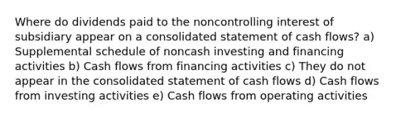 Where do dividends paid to the noncontrolling interest of subsidiary appear on a consolidated statement of cash flows? a) Supplemental schedule of noncash investing and financing activities b) Cash flows from financing activities c) They do not appear in the consolidated statement of cash flows d) Cash flows from investing activities e) Cash flows from operating activities