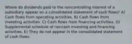 Where do dividends paid to the noncontrolling interest of a subsidiary appear on a consolidated statement of cash flows? A) Cash flows from operating activities. B) Cash flows from investing activities. C) Cash flows from financing activities. D) Supplemental schedule of noncash investing and financing activities. E) They do not appear in the consolidated statement of cash flows.