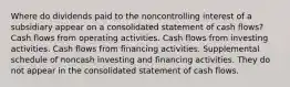 Where do dividends paid to the noncontrolling interest of a subsidiary appear on a consolidated statement of cash flows? Cash flows from operating activities. Cash flows from investing activities. Cash flows from financing activities. Supplemental schedule of noncash investing and financing activities. They do not appear in the consolidated statement of cash flows.