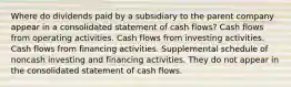 Where do dividends paid by a subsidiary to the parent company appear in a consolidated statement of cash flows? Cash flows from operating activities. Cash flows from investing activities. Cash flows from financing activities. Supplemental schedule of noncash investing and financing activities. They do not appear in the consolidated statement of cash flows.