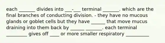 each _______ divides into ___-___ terminal _______. which are the final branches of conducting division. - they have no mucous glands or goblet cells but they have ______ that move mucus draining into them back by ______ _______. each terminal _________ gives off ____ or more smaller respiratory __________