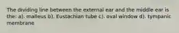 The dividing line between the external ear and the middle ear is the: a). malleus b). Eustachian tube c). oval window d). tympanic membrane