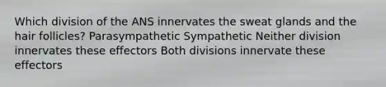 Which division of the ANS innervates the sweat glands and the hair follicles? Parasympathetic Sympathetic Neither division innervates these effectors Both divisions innervate these effectors