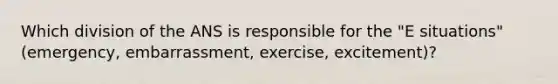 Which division of the ANS is responsible for the "E situations" (emergency, embarrassment, exercise, excitement)?