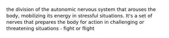 the division of the autonomic nervous system that arouses the body, mobilizing its energy in stressful situations. It's a set of nerves that prepares the body for action in challenging or threatening situations - fight or flight