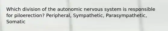 Which division of <a href='https://www.questionai.com/knowledge/kMqcwgxBsH-the-autonomic-nervous-system' class='anchor-knowledge'>the autonomic <a href='https://www.questionai.com/knowledge/kThdVqrsqy-nervous-system' class='anchor-knowledge'>nervous system</a></a> is responsible for piloerection? Peripheral, Sympathetic, Parasympathetic, Somatic