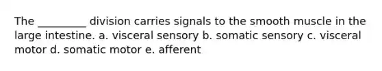 The _________ division carries signals to the smooth muscle in the <a href='https://www.questionai.com/knowledge/kGQjby07OK-large-intestine' class='anchor-knowledge'>large intestine</a>. a. visceral sensory b. somatic sensory c. visceral motor d. somatic motor e. afferent