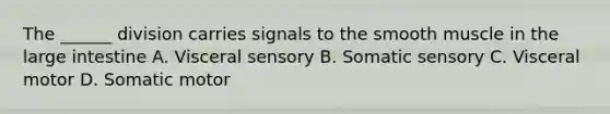 The ______ division carries signals to the smooth muscle in the large intestine A. Visceral sensory B. Somatic sensory C. Visceral motor D. Somatic motor