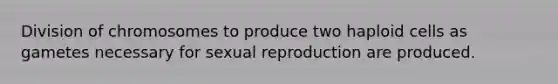 Division of chromosomes to produce two haploid cells as gametes necessary for sexual reproduction are produced.