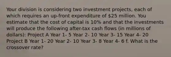 Your division is considering two investment projects, each of which requires an up-front expenditure of 25 million. You estimate that the cost of capital is 10% and that the investments will produce the following after-tax cash flows (in millions of dollars): Project A Year 1- 5 Year 2- 10 Year 3- 15 Year 4- 20 Project B Year 1- 20 Year 2- 10 Year 3- 8 Year 4- 6 f. What is the crossover rate?