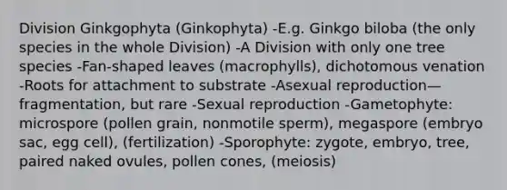 Division Ginkgophyta (Ginkophyta) -E.g. Ginkgo biloba (the only species in the whole Division) -A Division with only one tree species -Fan-shaped leaves (macrophylls), dichotomous venation -Roots for attachment to substrate -Asexual reproduction—fragmentation, but rare -Sexual reproduction -Gametophyte: microspore (pollen grain, nonmotile sperm), megaspore (embryo sac, egg cell), (fertilization) -Sporophyte: zygote, embryo, tree, paired naked ovules, pollen cones, (meiosis)