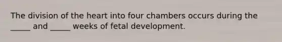 The division of the heart into four chambers occurs during the _____ and _____ weeks of fetal development.