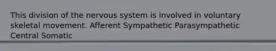 This division of the nervous system is involved in voluntary skeletal movement. Afferent Sympathetic Parasympathetic Central Somatic