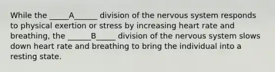 While the _____A______ division of the nervous system responds to physical exertion or stress by increasing heart rate and breathing, the ______B_____ division of the nervous system slows down heart rate and breathing to bring the individual into a resting state.