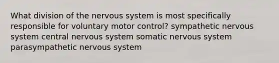 What division of the nervous system is most specifically responsible for voluntary motor control? sympathetic nervous system central nervous system somatic nervous system parasympathetic nervous system