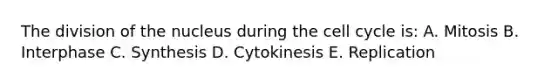 The division of the nucleus during the cell cycle is: A. Mitosis B. Interphase C. Synthesis D. Cytokinesis E. Replication