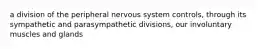 a division of the peripheral nervous system controls, through its sympathetic and parasympathetic divisions, our involuntary muscles and glands