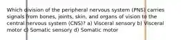 Which division of the peripheral nervous system (PNS) carries signals from bones, joints, skin, and organs of vision to the central nervous system (CNS)? a) Visceral sensory b) Visceral motor c) Somatic sensory d) Somatic motor