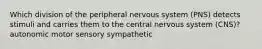 Which division of the peripheral nervous system (PNS) detects stimuli and carries them to the central nervous system (CNS)? autonomic motor sensory sympathetic