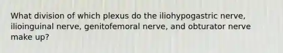 What division of which plexus do the iliohypogastric nerve, ilioinguinal nerve, genitofemoral nerve, and obturator nerve make up?