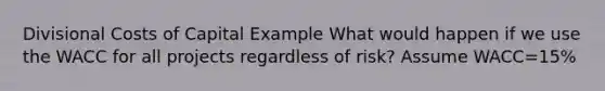 Divisional Costs of Capital Example What would happen if we use the WACC for all projects regardless of risk? Assume WACC=15%