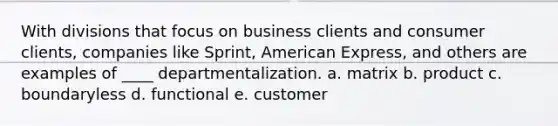 With divisions that focus on business clients and consumer clients, companies like Sprint, American Express, and others are examples of ____ departmentalization. a. matrix b. product c. boundaryless d. functional e. customer