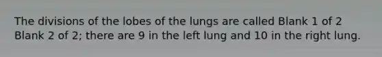 The divisions of the lobes of the lungs are called Blank 1 of 2 Blank 2 of 2; there are 9 in the left lung and 10 in the right lung.