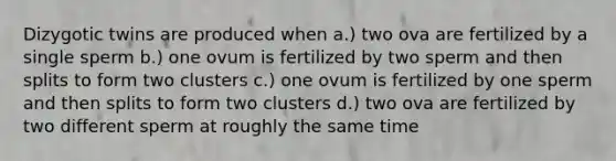 Dizygotic twins are produced when a.) two ova are fertilized by a single sperm b.) one ovum is fertilized by two sperm and then splits to form two clusters c.) one ovum is fertilized by one sperm and then splits to form two clusters d.) two ova are fertilized by two different sperm at roughly the same time