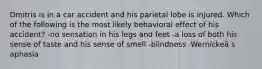 Dmitris is in a car accident and his parietal lobe is injured. Which of the following is the most likely behavioral effect of his accident? -no sensation in his legs and feet -a loss of both his sense of taste and his sense of smell -blindness -Wernickeâ s aphasia