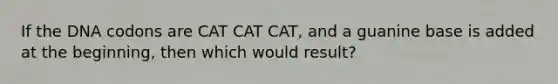 If the DNA codons are CAT CAT CAT, and a guanine base is added at the beginning, then which would result?