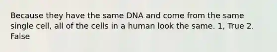 Because they have the same DNA and come from the same single cell, all of the cells in a human look the same. 1, True 2. False