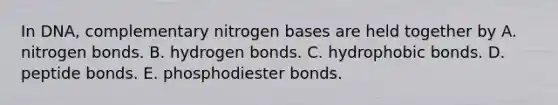 In DNA, complementary nitrogen bases are held together by A. nitrogen bonds. B. hydrogen bonds. C. hydrophobic bonds. D. peptide bonds. E. phosphodiester bonds.