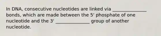 In DNA, consecutive nucleotides are linked via _______________ bonds, which are made between the 5' phosphate of one nucleotide and the 3' _______________ group of another nucleotide.