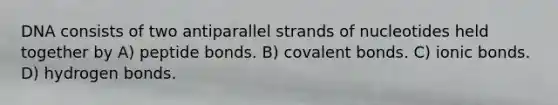 DNA consists of two antiparallel strands of nucleotides held together by A) peptide bonds. B) <a href='https://www.questionai.com/knowledge/kWply8IKUM-covalent-bonds' class='anchor-knowledge'>covalent bonds</a>. C) ionic bonds. D) hydrogen bonds.