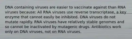 DNA containing viruses are easier to vaccinate against than RNA viruses because: All RNA viruses use reverse transcriptase, a key enzyme that cannot easily be inhibited. DNA viruses do not mutate rapidly. RNA viruses have relatively stable genomes and so cannot be inactivated by mutagenic drugs. Antibiotics work only on DNA viruses, not on RNA viruses.