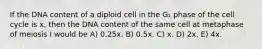 If the DNA content of a diploid cell in the G₁ phase of the cell cycle is x, then the DNA content of the same cell at metaphase of meiosis I would be A) 0.25x. B) 0.5x. C) x. D) 2x. E) 4x.