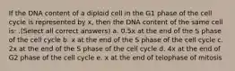 If the DNA content of a diploid cell in the G1 phase of the cell cycle is represented by x, then the DNA content of the same cell is: .(Select all correct answers) a. 0.5x at the end of the S phase of the cell cycle b. x at the end of the S phase of the cell cycle c. 2x at the end of the S phase of the cell cycle d. 4x at the end of G2 phase of the cell cycle e. x at the end of telophase of mitosis