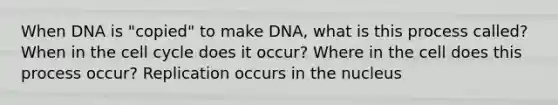 When DNA is "copied" to make DNA, what is this process called? When in the cell cycle does it occur? Where in the cell does this process occur? Replication occurs in the nucleus