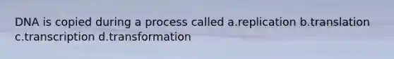 DNA is copied during a process called a.replication b.translation c.transcription d.transformation