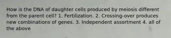 How is the DNA of daughter cells produced by meiosis different from the parent cell? 1. Fertilization. 2. Crossing-over produces new combinations of genes. 3. Independent assortment 4. all of the above