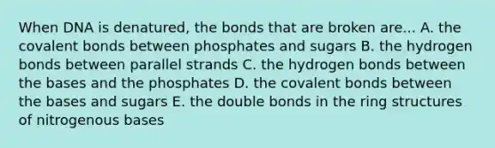 When DNA is denatured, the bonds that are broken are... A. the covalent bonds between phosphates and sugars B. the hydrogen bonds between parallel strands C. the hydrogen bonds between the bases and the phosphates D. the covalent bonds between the bases and sugars E. the double bonds in the ring structures of nitrogenous bases