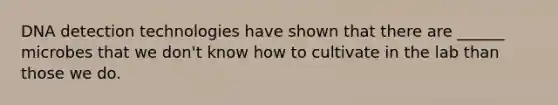 DNA detection technologies have shown that there are ______ microbes that we don't know how to cultivate in the lab than those we do.