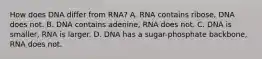 How does DNA differ from RNA? A. RNA contains ribose, DNA does not. B. DNA contains adenine, RNA does not. C. DNA is smaller, RNA is larger. D. DNA has a sugar-phosphate backbone, RNA does not.