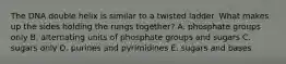 The DNA double helix is similar to a twisted ladder. What makes up the sides holding the rungs together? A. phosphate groups only B. alternating units of phosphate groups and sugars C. sugars only D. purines and pyrimidines E. sugars and bases