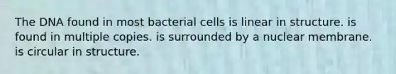 The DNA found in most bacterial cells is linear in structure. is found in multiple copies. is surrounded by a nuclear membrane. is circular in structure.