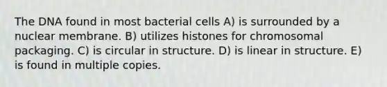 The DNA found in most bacterial cells A) is surrounded by a nuclear membrane. B) utilizes histones for chromosomal packaging. C) is circular in structure. D) is linear in structure. E) is found in multiple copies.