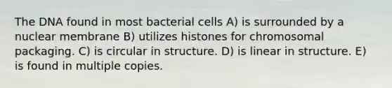 The DNA found in most bacterial cells A) is surrounded by a nuclear membrane B) utilizes histones for chromosomal packaging. C) is circular in structure. D) is linear in structure. E) is found in multiple copies.